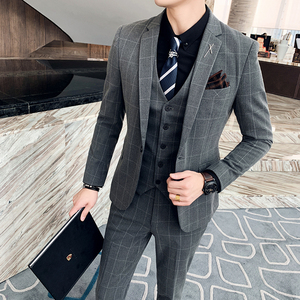 秋冬款英伦时尚格子修身男士西服+马甲+西裤三件套装 SJT905-P280图片
