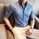 痞帅个性青年网红V领衬衫中袖帅气修身休闲立领痞雅衬衣男C02-P60，男装衬衫，电商C308