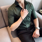 雅痞个性青年一字V领衬衫男中袖帅气修身休闲立领痞帅衬衣C01-P60，男装衬衫，电商C308