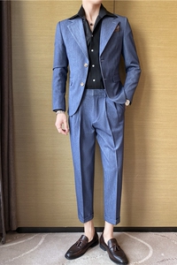 痞雅高级感休闲纯色二粒扣西服男英伦时尚九分西裤套装TZ05-P225图片