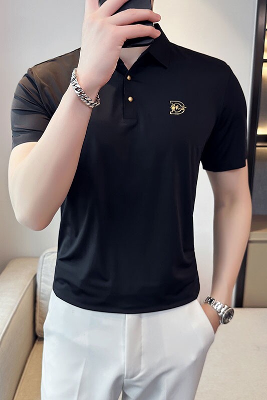 夏季冰丝高弹刺绣翻领无痕T恤男士光滑短袖POLO衫桔色PL1-P58,男装T恤,电商C308