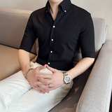 雅痞青年个性网红V领衬衫中袖男帅气修身休闲立领痞帅衬衣C06-P68，男装衬衫，电商C308