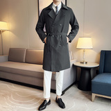 秋冬款英伦休闲双排扣翻领男士中长款风衣纯色外套灰色DA48-P180，男装风衣，电商C308