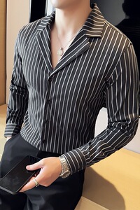 秋冬款古巴领英伦经典条纹单排扣男士长袖衬衫C14-P65图片