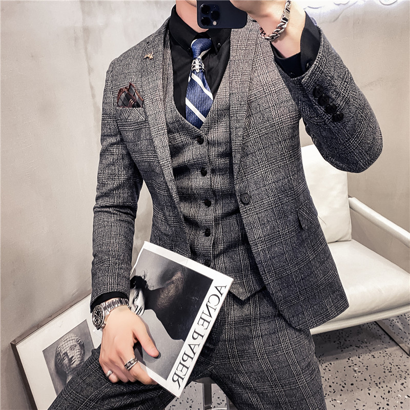 20秋冬款英伦韩风修身时尚商务格子西服男士三件套SJT956-特P260，男装西服，电商C308
