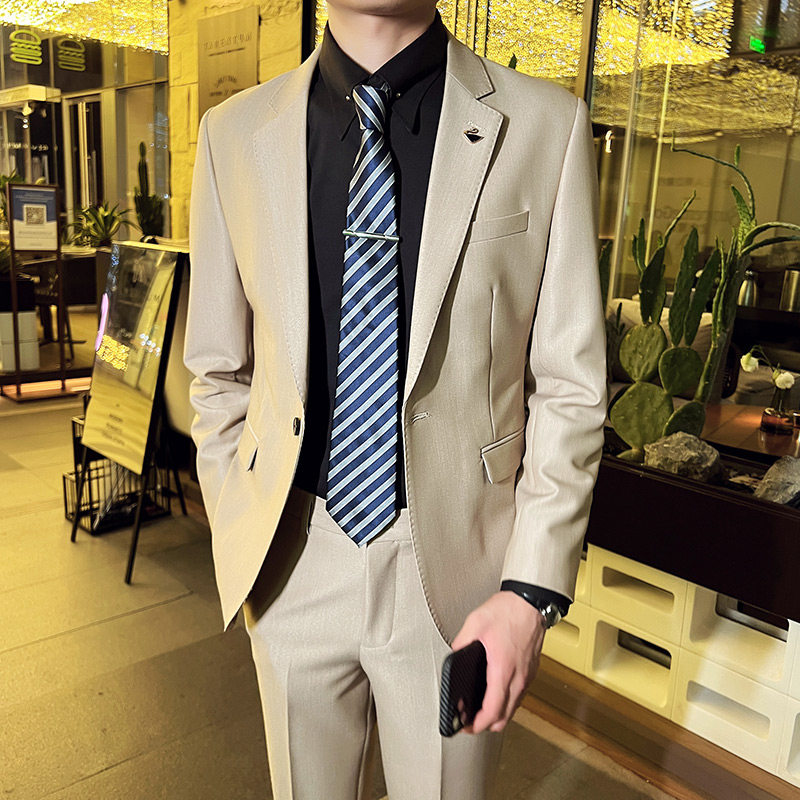 秋冬英伦韩版修身男士休闲商务西服套装新郎套装米白LJT888-P225，男装西服套装，电商C308