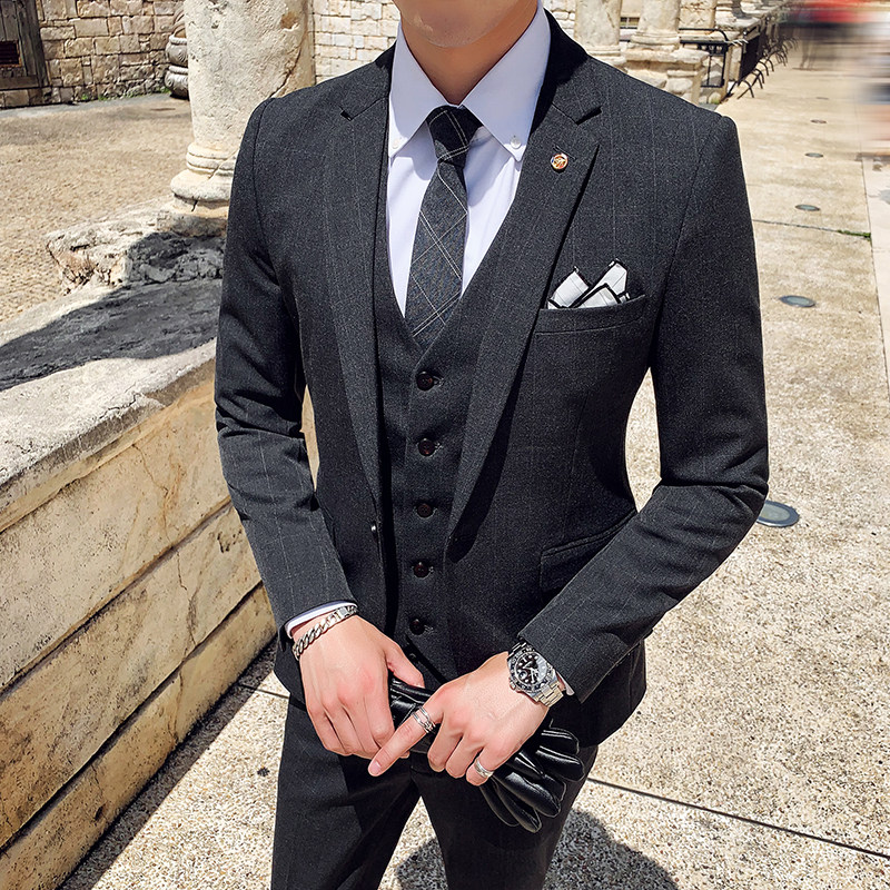 秋冬新款英伦韩版修身男士格子西服三件套装TZ149-P295,男装西服,电商C308