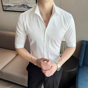雅痞个性青年一字V领衬衫男中袖帅气修身休闲立领痞帅衬衣C01-P60，男装衬衫，电商C308