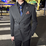 英伦韩版修身男士商务休闲条纹双排扣西服外套咖啡色X29-P150，男装西服，电商C308