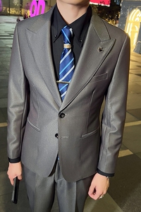 英伦修身男士休闲商务二粒扣西服套装新郎套装米白色LJT889-P230图片