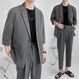 轻熟风微宽英伦条纹中袖西服+阔版九分裤套装TZ13-P195，男装西服，电商C308