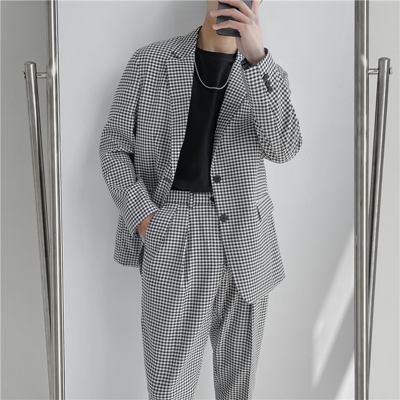 21春夏款轻熟风英伦小细格长袖西服+阔版九分裤套装TZ18-P215,男装西服,电商C308
