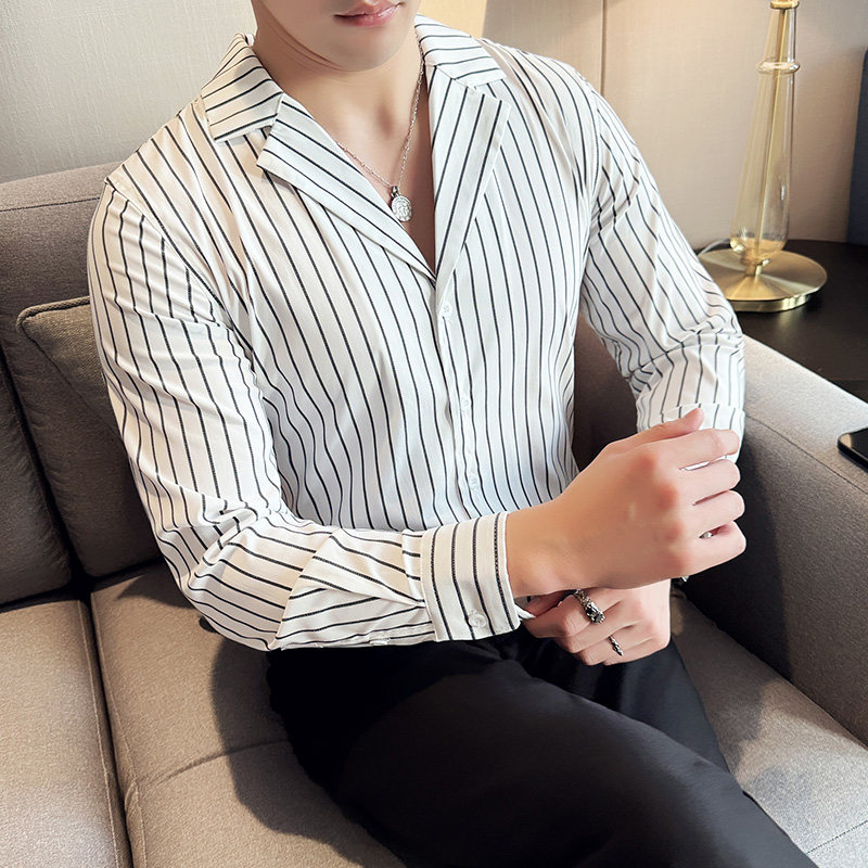 秋冬款英伦经典条纹单排扣男士古巴领长袖衬衫C14-P65图片