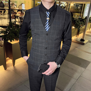 英伦商务韩版修身格子V领男士马甲新郎伴郎小马甲蓝色MJ30-P65