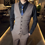 英伦商务韩版修身条纹V领男士马甲新郎伴郎小马甲黑色MJ29-P60，男装背心/马甲，电商C308