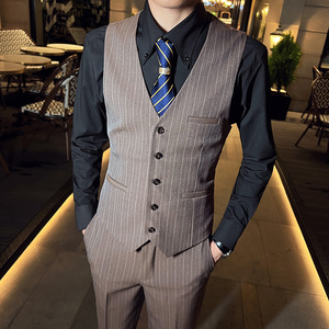 英伦商务韩版修身条纹V领男士马甲 新郎伴郎小马甲咖啡色MJ29-P60，男装背心/马甲，电商C308