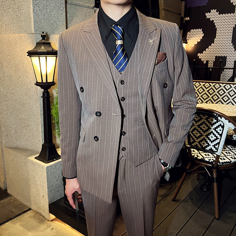 韩版修身男士双排扣条纹西服三件套新郎伴郎套装深灰色SJT29-P280,男装西服,电商C308