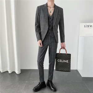 轻熟风ins秋冬韩版修身男士休闲格子西服三件套装 SJT905-P280，男装西服，电商C308