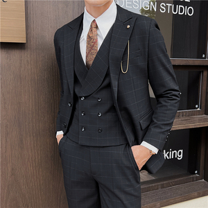 英伦修身男士二粒扣格子西服三件套新郎伴郎礼服套装SJT919-P300图片