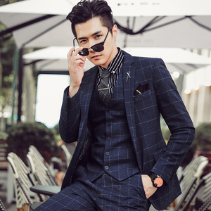秋冬高品质韩版修身格子男士休闲西服三件套 新浪套装SJT905-P280，男装西服，电商C308