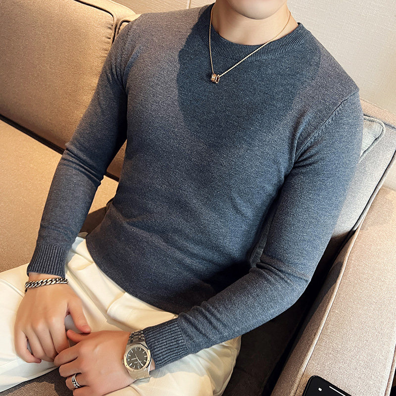 秋冬韩版圆领修身打底衫套头纯色针织衫精致毛衣花深蓝B5551-P45，男装T恤，电商C308