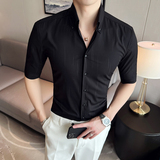 雅痞青年个性V领衬衫中袖帅气修身虚线休闲立领痞帅衬衣男C05-P68，男装衬衫，电商C308