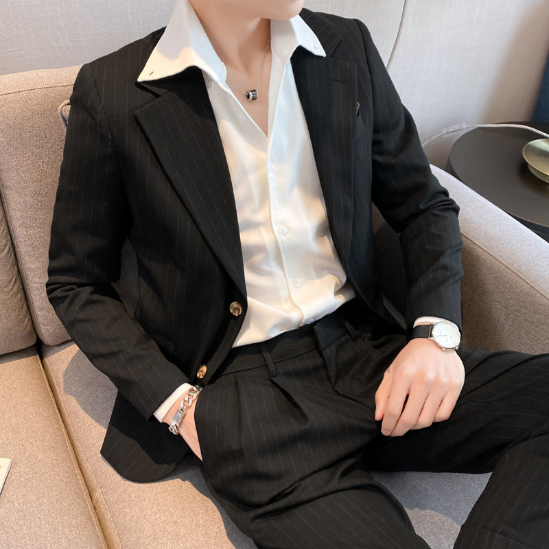 痞帅高级感休闲条纹小西服外套春夏韩版修身英伦单西装X07-P155，男装西服套装，电商C308