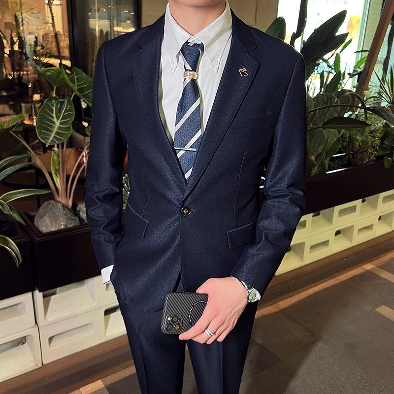 英伦韩版修身男士休闲商务西服套装新郎套装藏青色LJT888-P225，男装西服套装，电商C308