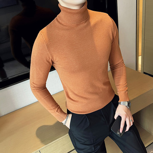 秋冬韩版高领修身打底衫套头纯色针织衫精致毛衣花棕色B5553-P50，男装T恤，电商C308