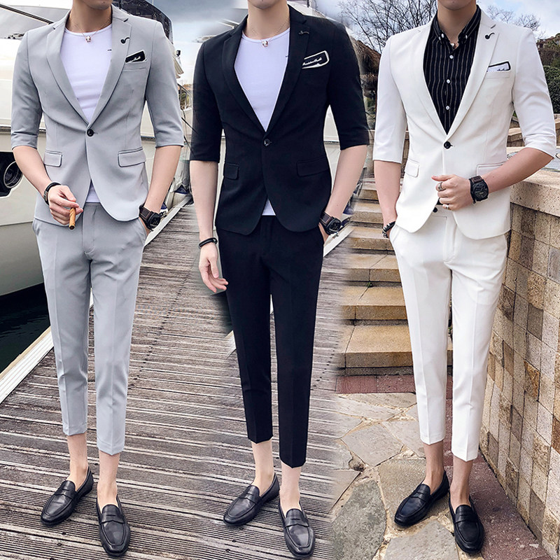 21春夏款潮男英伦纯色中袖西服+九分西裤套装TZ42-P195,男装西服,电商C308