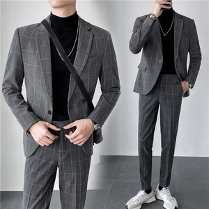 轻熟风ins韩版修身男士休闲一粒扣格子西服套装LJT905-P220图片