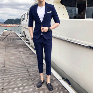 21春夏款 潮男英伦纯色中袖西服+九分西裤套装TZ42-P195图片