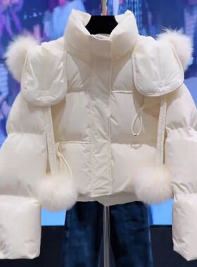 冬季新款小香风高级感韩系小个子白色毛领加厚连帽短款面包服外套