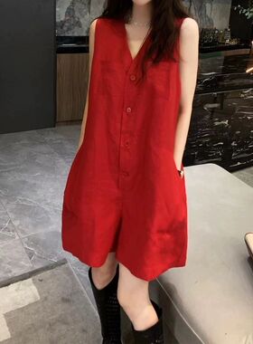 韩版时尚休闲复古红色v领连体裤女2026新款无袖宽松阔脚连衣短裤