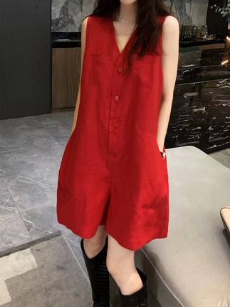 韩版时尚休闲复古红色v领连体裤女2026新款无袖宽松阔脚连衣短裤