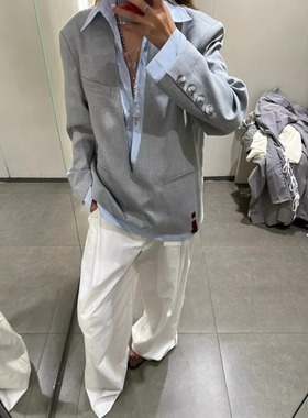 灰色假两件深V西装外套女春秋季新款设计感小众宽松休闲西服上衣