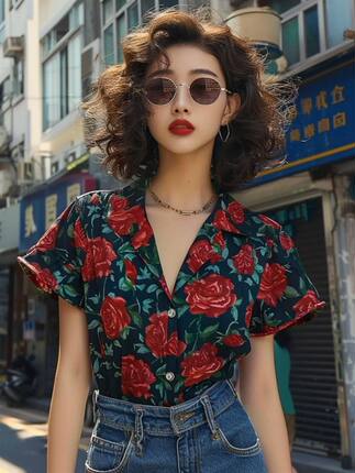 复古港风玫瑰印花衬衫时尚欧货文艺百搭夏季女装2024新款轻薄上衣