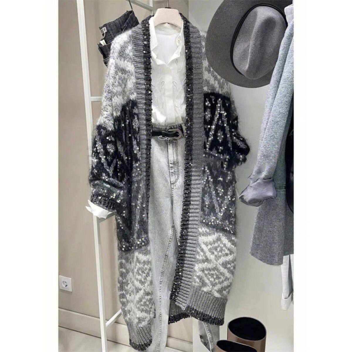 大牌撤柜捡漏慵懒风设计感小众中长款重工复古针织开衫毛衣外套女