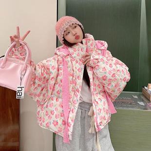 可爱花朵飘带棉衣服女2024宽松连帽加厚绒短款 韩版 面包服 新款 冬季