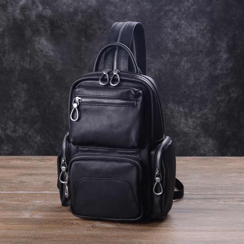 休闲男士胸包头层牛皮双肩背包