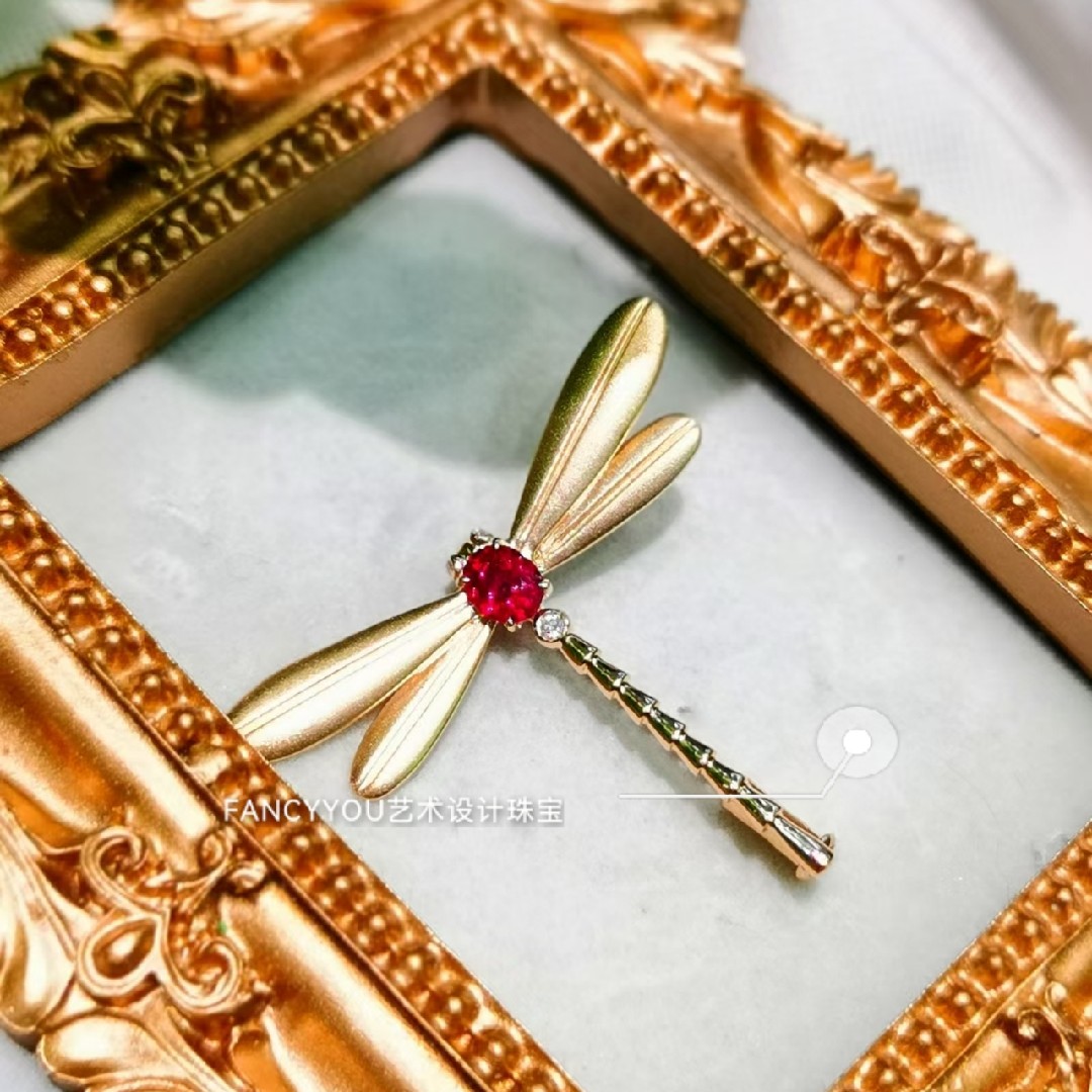 FANCYYOU颂梦珠宝原创设计师蜻蜓红宝石胸针钻石18k金彩色宝石