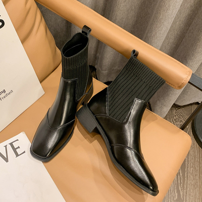 大码英伦风针织弹力袜靴女2025新款瘦瘦靴连袜靴粗跟马丁靴短靴子
