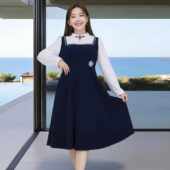 秋冬新款 女装 大码 胖MM假两件拼接内加绒中长款 复古连衣裙 轻奢