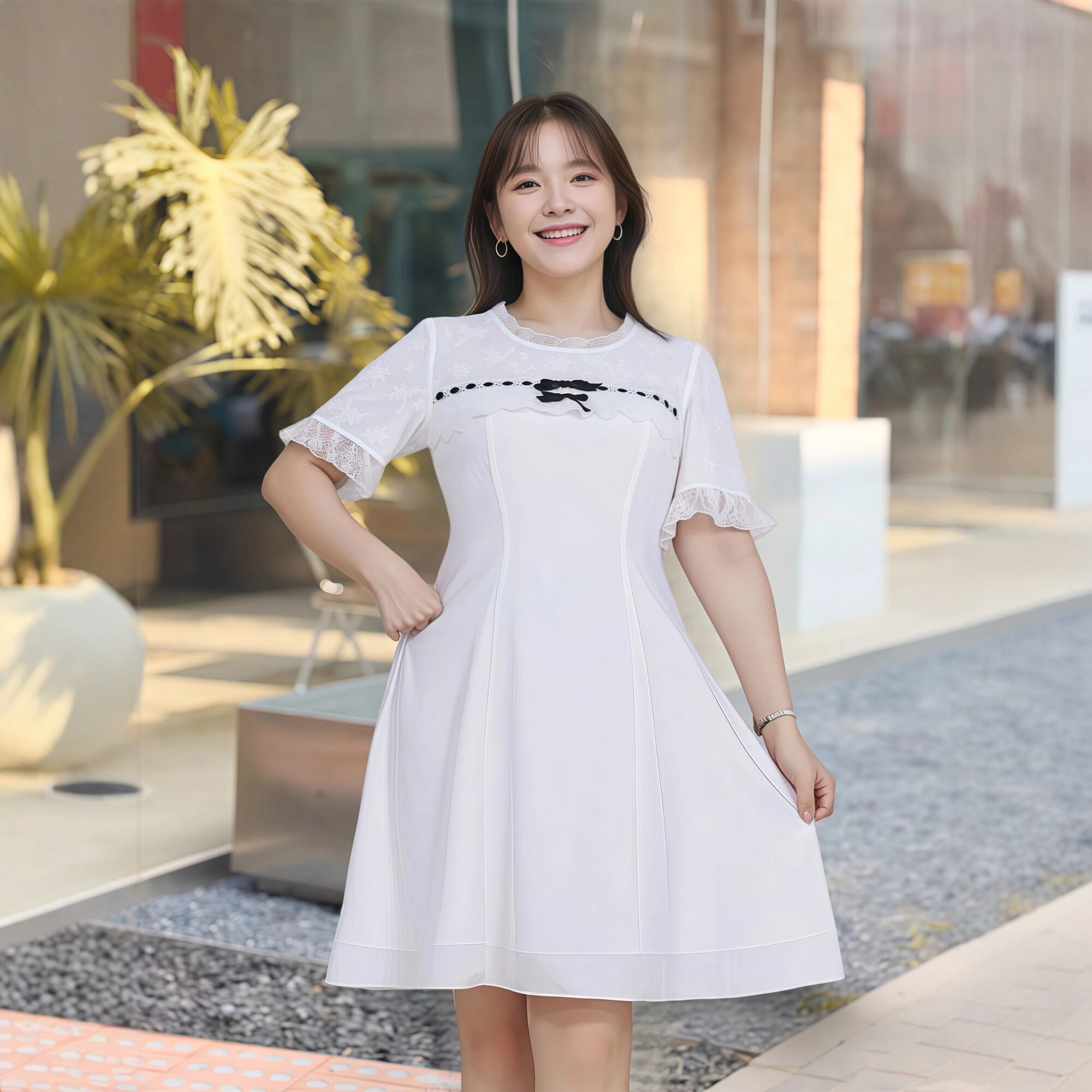 胖mm泰式雪纺裙2026夏季大码女装减龄显瘦白色圆领蕾丝拼接连衣裙