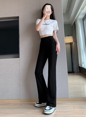 大码女装胖mm黑色瘦腿长裤春季新款高腰马蹄裤高弹显瘦微喇叭裤子