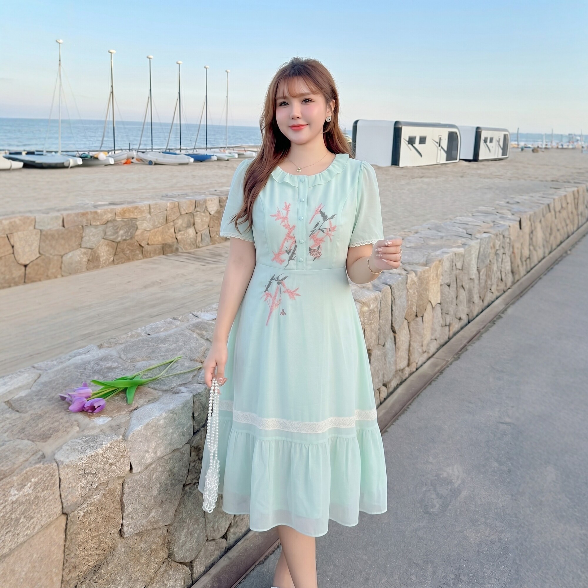 辣妈起义大码女装2026夏季胖MM中长飘逸文艺刺绣薄荷色雪纺连衣裙