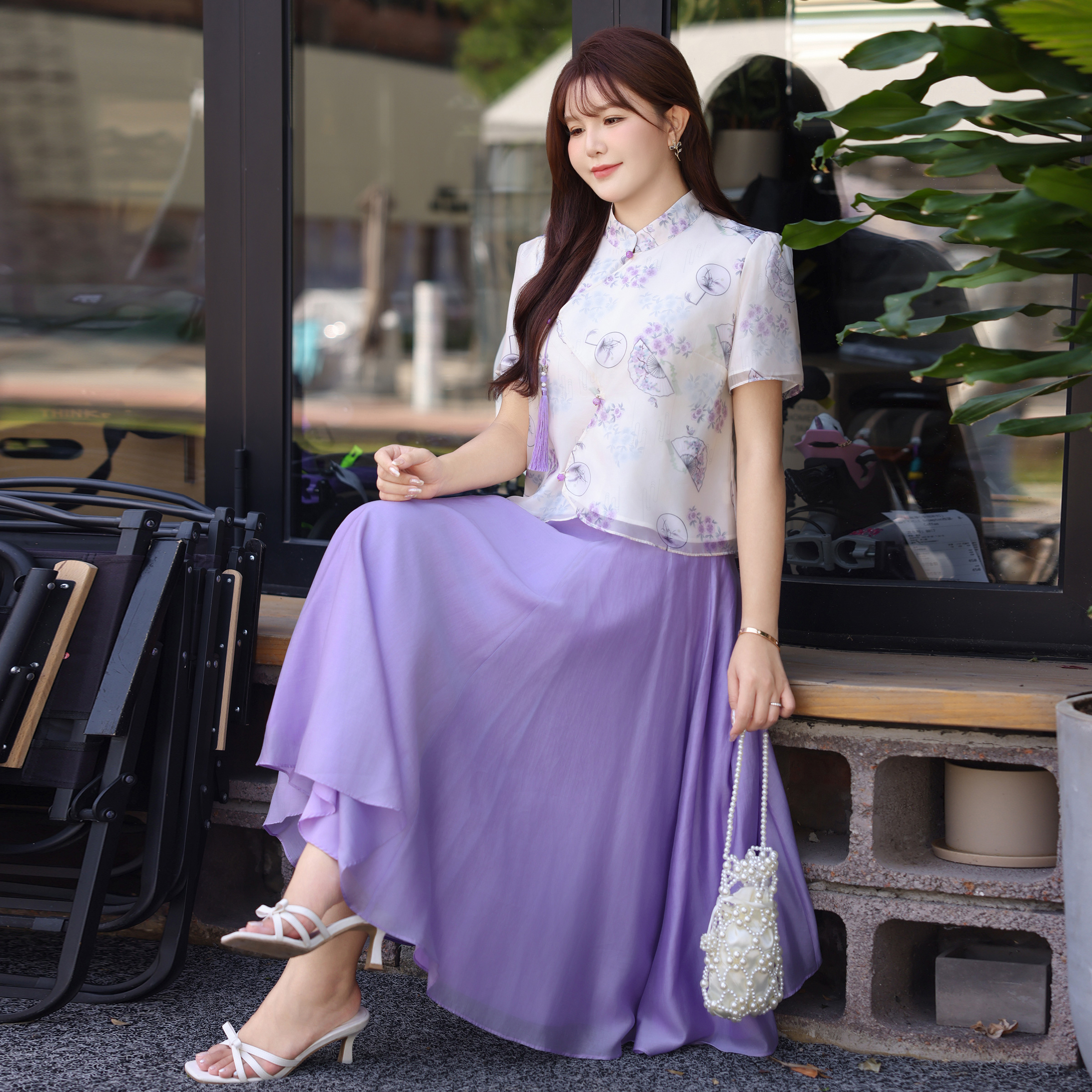 大码女装紫色温柔新中式国风文艺范上衣半身裙时尚套装2025夏新款