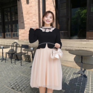 大码女装2026春季高级感洋气连衣裙胖mm中长法式假两件显瘦网纱裙