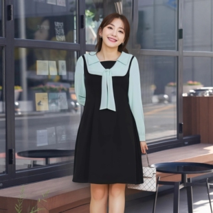 微胖mm韩版 大码 新款 洋气减龄裙子2026春季 显瘦拼色飘带连衣裙 女装