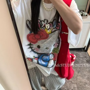上衣ins潮 2025韩国风夏季 新款 卡通印花短袖 T恤女宽松慵懒风中长款